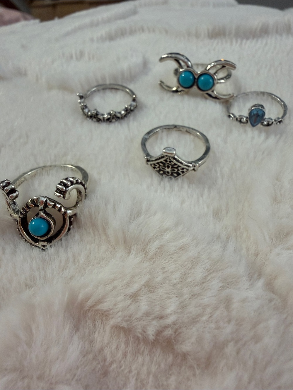 Turquoise Accent Silver Boho Ring Set - Unbranded